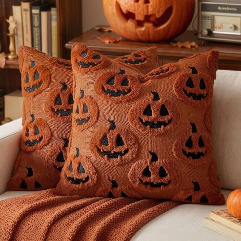 50 x 50 cm Halloween-Herbstkissenbezug mit Geist, Kürbismonster, Laternen und Karamell für Sofadekoration, Sofakissen (1/5)