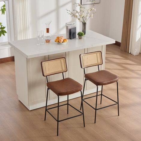 Tabouret de bar design brillant, lot de 2, similicuir rétro, sans bras, dossier rotin sur structure bois, piètement métal peint, marron. (1/5)