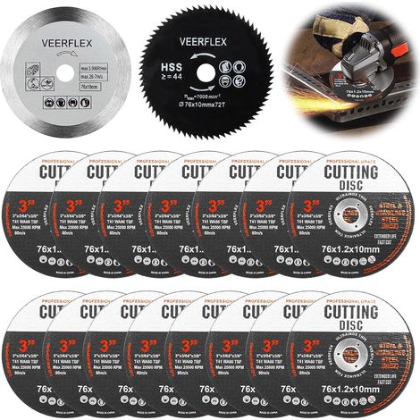 Lot de 17 disques à tronçonner 76 mm pour meuleuse d'angle, disque de coupe, disques flexibles pour couper le métal, le bois, la pierre, le plastique, la céramique, pour alésage de 10 mm (1/5)