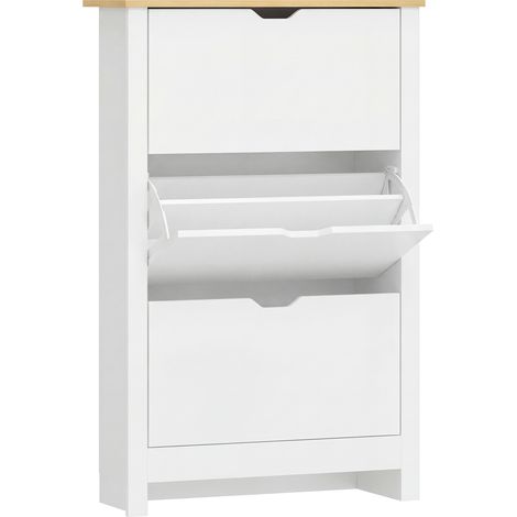 Armoire à chaussures 3 portes inclinables 2 tiroirs, meuble en panneaux de particules blanc chêne (1/5)