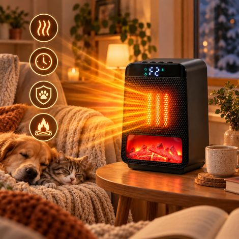 HEMVOR Chauffage soufflant céramique PTC 1000 W compact avec effet flamme 3D, 2 niveaux de chaleur, minuterie 1-8 h, écran numérique Noir (1/5)