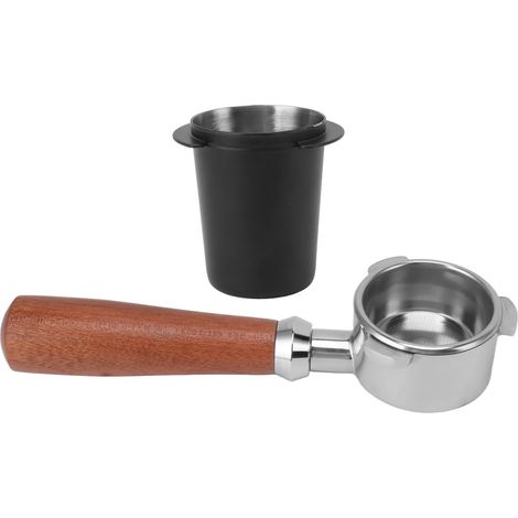 Bodenloser Edelstahl-Siebträger mit Kaffeesatzauffangschale, Holzgriff, 54 mm / 2,1 Zoll, Schwarz (1/5)