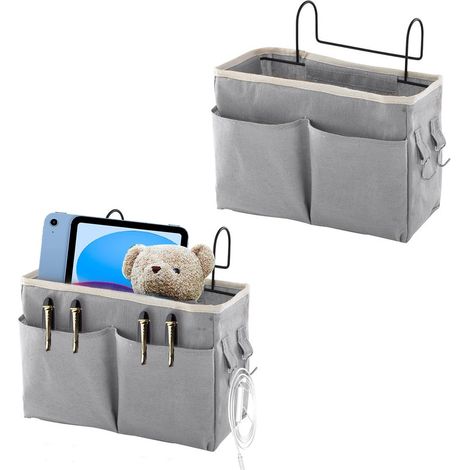 2pcs Sac Organisateur de Chevet Vide Poche Lit Rangement Poche de Lit Panier a Suspendre Pochette de Lit Organisateur Etagere Lit en Toile Grande Capacité pour Tri Magazine, Téléphone (1/5)