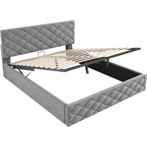 Cama canapé tapizada gris 140 x 200 cm con somier de láminas y elevación hidráulica HOMVRA (1/5)