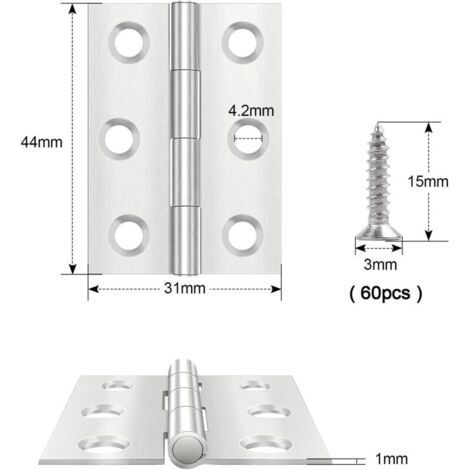 Lot de 20 charnières piano en acier inoxydable, 44 x 31 mm, adaptées aux portes, fenêtres et armoires, vis incluses. (1/3)