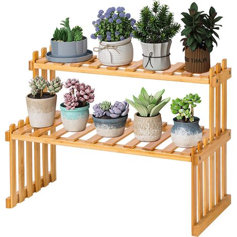 Étagère à 2 niveaux en bambou pour plantes grasses support multi plantes organisateur rustique de bureau 40 cm (1/5)