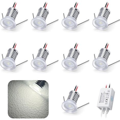 9pcs Mini Spot LED 12V 1W RGB, IP65 Étanche Petite Taille Lampes Avec Transfo 220V, 15mm Pointeur Éclairage Encastré Pour Meuble Veilleuse Armoires Escaliers (Blanc Chaud)