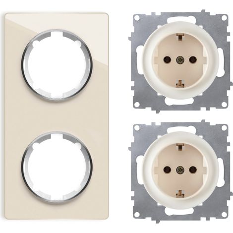 Plaque de finition 2 postes Garda, vertical + 2 Prises avec terre - beige