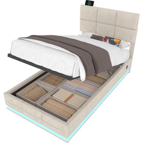 Stauraumbett 90 x 200 cm aus Samt, Einzelbett mit USB, Dimmbarer LED und Verstellbarem Kopfteil, ohne Matratze (1/5)