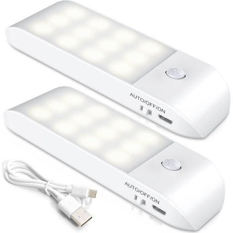 Veilleuse LED Rechargeable, [Lot de 2] 12 LED Veilleuse Automatique avec Détecteur de Mouvement, Lumière blanche(6000K), 3Modes, Lampe Nuit pour Escalier, Armoire, Couloir (1/5)