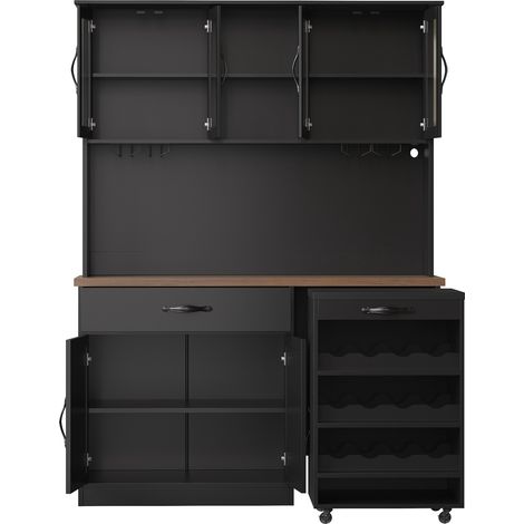 Credenza cucina 140 cm con rotelle, LED, porta calici e portabottiglie, nero (1/5)