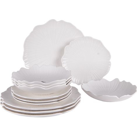 Service d'assiettes en porcelaine blanche 12 pièces – 4 assiettes plates 25.5 cm, 4 assiettes creuses 20 cm, 4 assiettes à dessert 20 cm – Motif ginkgo – Table Passion
