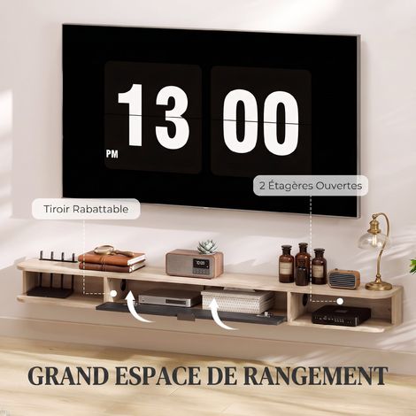 Meuble TV suspendu, meuble télé pour téléviseur jusqu'à 75 pouces, tiroir rabattable 2 étagères 180x24x16cm bois naturel (1/5)