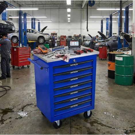Servante d'atelier 7 tiroirs sur roulettes avec plateau en acier inoxydable, bleu et noir DESVIAE (1/5)