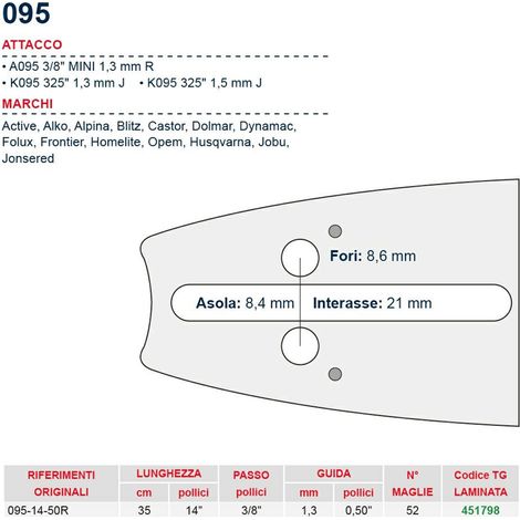 Barra motosega 35 cm - 14" passo 3/8" Spessore 1.3 mm - .050" attacco 095 - 451798
