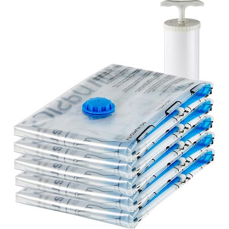 Basics de rangement sous vide avec pompe manuelle, Fermeture éclair, lot de 5, Taille Moyen, Blanc, Bleu (1/5)