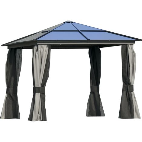 Outsunny 3x3(m) Aluminium Hardtop Gazebo Canopy w/ Polycarbonate Top, Curtains (1/5)
