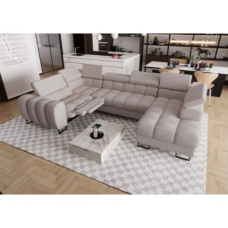 Wohnlandschaft Schlafsofa BASTIEN RELAX in Stoff Moly Hellgrau Ottomane Rechts