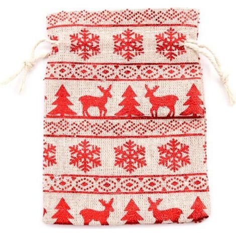Sacs en lin, lot de 10, sacs en jute avec cordon de serrage, imprimé, sacs cadeaux de Noël, sacs en toile de jute, sacs en tissu, sacs cadeaux suspendus, flocon de neige, rouge, 10×14cm (1/5)