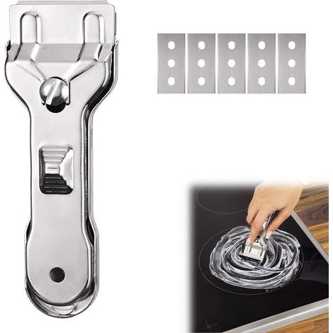 Ceramic Hob Scraper with 5 Metal Replacement Blades, Induction Scraper, Glass Scraper, Scraper Blade, for Induction Hob, Glue, Windows, Pan, Stickers (1/5)