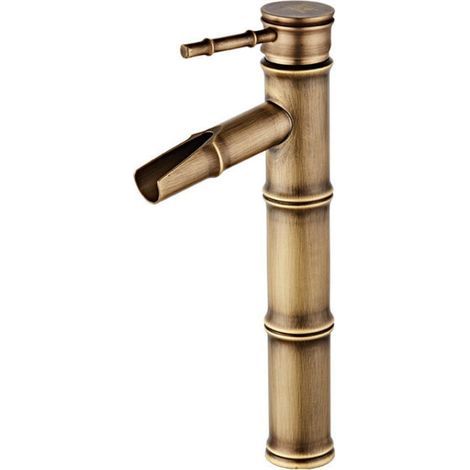 Grifo mezclador de lavabo de encimera de estilo europeo, fabricado íntegramente en cobre grifo mezclador de lavabo de bambú (corto, diseño antiguo). (1/4)