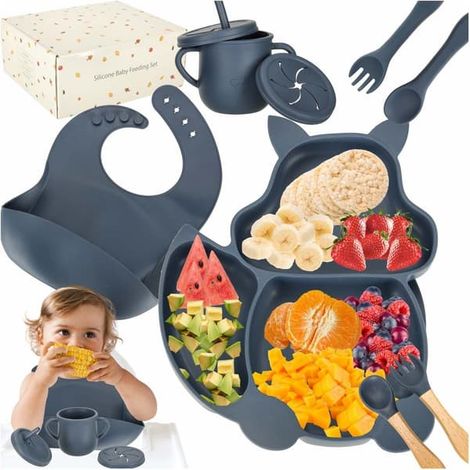 Vaisselle enfant / Couverts enfant en silicone - 9 pièces - Bleu foncé (1/5)