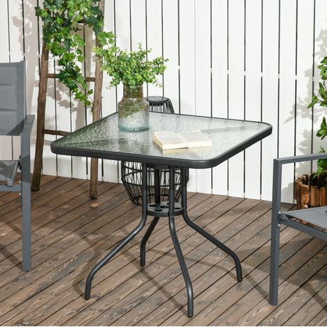 Gartentisch Metall Schwarz quadratisch mit Tischplatte aus gehärtetem Glas, Sonnenschirmloch, 76 x 76 cm (1/5)