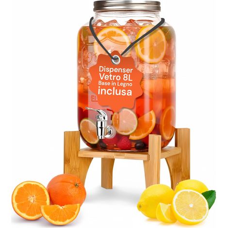 Distributeur de boissons en verre de 8 litres avec robinet en aluminium, distributeur d'eau et jus avec base en bois surélevé, usage domestique et événements élégants (1/5)