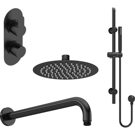 Balterley Pride Modern Round 2 Outlet Shower Valve, Head, Wall Arm and Slide Rail Handset Bundle - Black