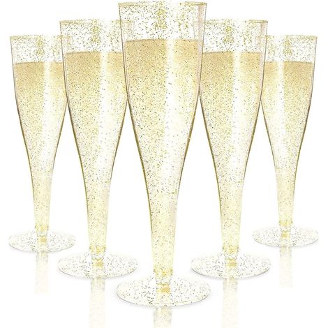 Set di 54 flûte da champagne in plastica, bicchieri da champagne da 150 ml con glitter dorati, bicchieri da vino riutilizzabili per feste di compleanno, matrimoni e feste in giardino. (1/5)