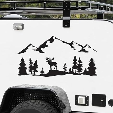 Autocollants pour voiture de camping en plein air, autocollants pour carrosserie de voiture avec motifs de montagne, d'arbre et d'élan (1/3)