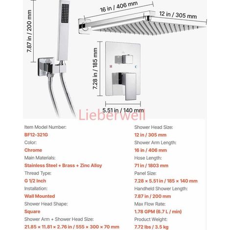 12in Square SucceBuy Shower Faucet Set, Bathroom Rain Shower System with Chrome Head, Handheld Shower, Wall Mounted Trim Kit, Stainless Steel (1/5)