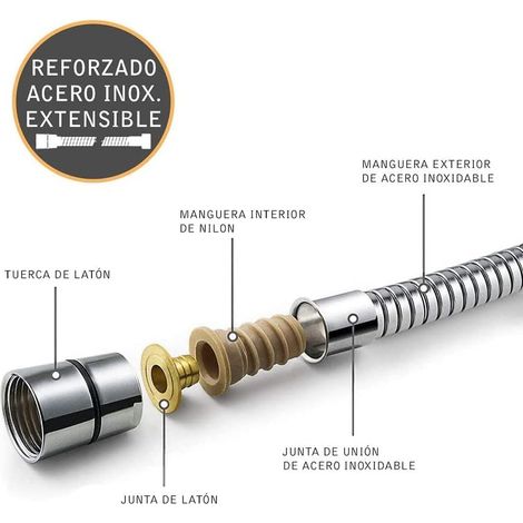 Tuyau de douche extensible de 1,5 à 1,7 m tuyau universel pour poignée ou pomme de douche double agrafes pour une protection maximale acier inoxydable résistant à la casse (150-170 cm) (1/4)