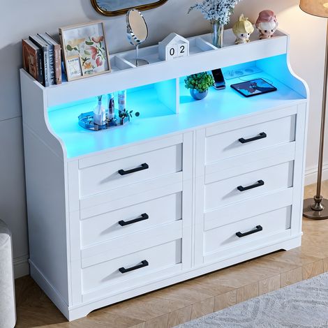 JOOKGBD-Commode 6 tiroirs avec bande LED RGB,meuble de rangement moderne,contrôle par télécommande et APP,mode musique et micro,minuterie,pour chambre salon entrée,blanc (1/5)