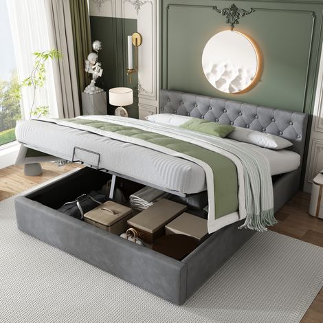 Lit coffre 140x200 en velours gris avec tête capitonnée HAVRYA (1/5)