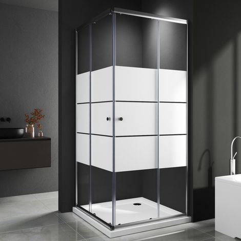 WDWRITTI Duschkabine 100x100 cm Eckeinstieg Schiebetür Duschabtrennung Eckeinstieg mit Doppel Schiebetür, 6mm ESG Glas mit weißen Querstreifen-Dekor, Duschwand Höhe 185cm
