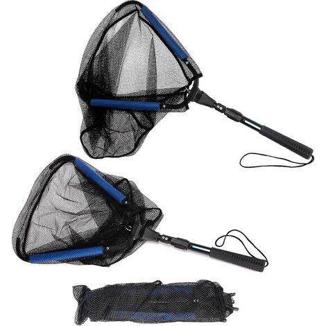 Une épuisette flottante avec manche télescopique, canne légère et pliable, idéale pour relâcher les poissons après les avoir pêchés, et facile à ranger. (1/5)
