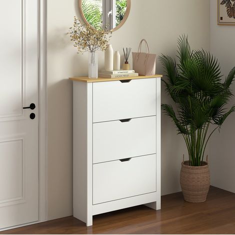 MEUBLIV Schuhschrank mit 3 Klappen weiß und Holzdekor 72 x 26 x 112 cm (1/5)