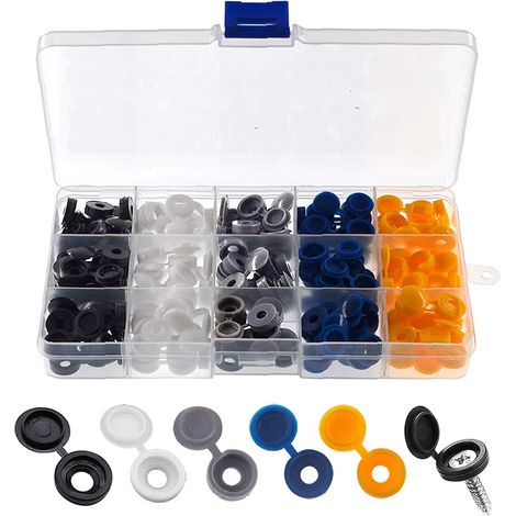 150 Pièces Bouchon à Vis en Plastique, Cache Vis à Charnière pour les Vis Nombre 6/8, avec Boîte de Rangement, pour Meubles, Placards, Étagères, Blanc/Noir/Gris/Bleu/Jaune (1/5)