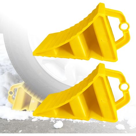Lot de 2 cales de roue de voiture : 15 x 10 cm, antidérapantes, portables, cales de roue jaunes avec poignée pour camping-car, cale de roue en plastique, pour parkings de véhicules (1/5)
