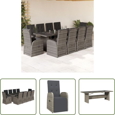 Gartentisch - 11-tlg. Garten-Essgruppe mit Kissen Grau Poly Rattan (1/5)