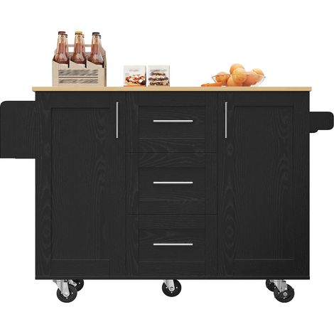 Îlot de cuisine avec cloisons amovibles, roulettes amovibles, desserte avec plan de travail, buffet, desserte à veinage bois, porte-serviettes latéral avec roulettes, noir (1/5)