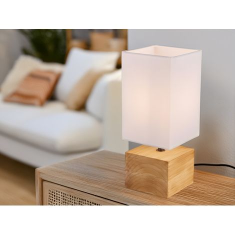 LED Tischleuchte Holzfuß mit Stoffschirm in Weiß, Höhe 30cm (1/5)