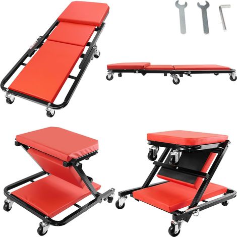 Le siège de planche à roulettes pliant rouge pour réparation automobile, inclinable et assis, stable et durable, avec 6 rouleaux rotatifs à 360°, adapté aux outils de réparation automobile, est un cho (1/5)