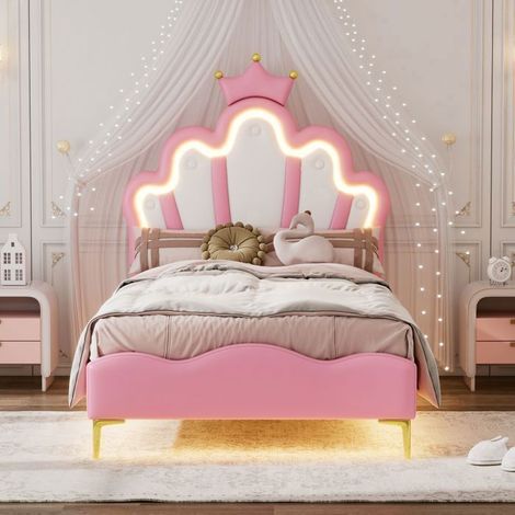 Lit Rembourré 90 x 200 cm Couronne Princesse LED 3D Rose - Lit Enfant - Revêtement PU, Sommier à Lattes, Tête Réglable, Sans Matelas (1/5)