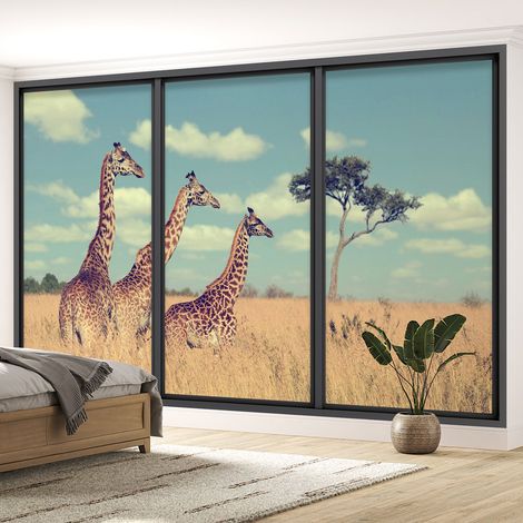 Papier peint panoramique Trompe l'oeil baie vitrée - Girafes - 130 cm x 78 cm (1/5)