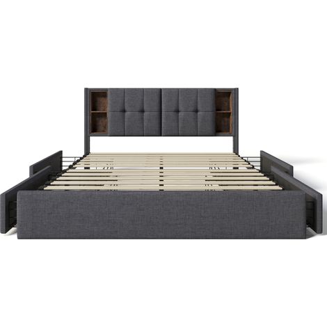 Lit double avec recharge sans fil, USB-C et 4 tiroirs, cadre de lit capitonné 160x200 cm, sommier à lattes en bois, lin gris (avec matelas) (1/5)