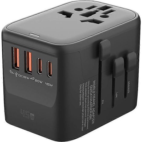 GaN65W Internationaler Reiseadapter mit 2 USB 3 Typ C Anschlüssen, GaN Schnellladefunktion, EU-, AU- und US-Steckern, Schwarz. (1/5)
