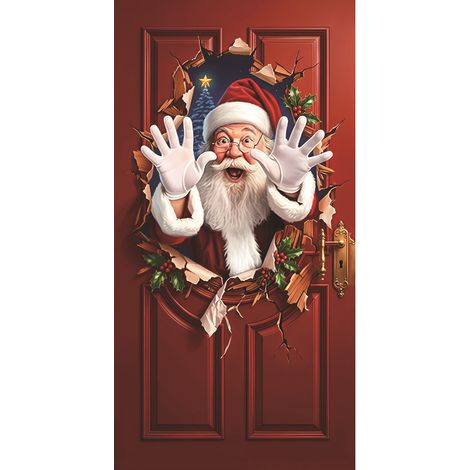Nouvelle décoration de porte de Noël, motif cadeau du Père Noël, toile de fond pour une ambiance festive - 90 x 180 cm (perforée + ruban) - 8
