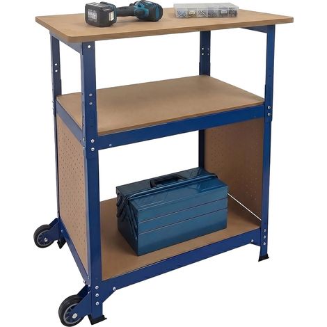 Banco da lavoro Relaxdays, con rotelle, HLP: 69,5x72,5x50 cm, regolabile in altezza, pannello forato, acciaio e MDF, blu